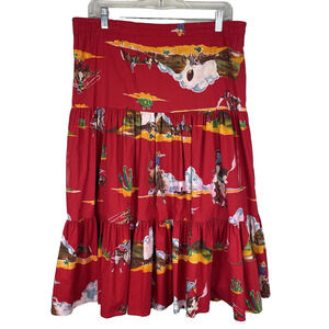 Vintage Western Tiered Midi Skirt Size Medium Red Cowboy Covered Wagon Rodeo USA